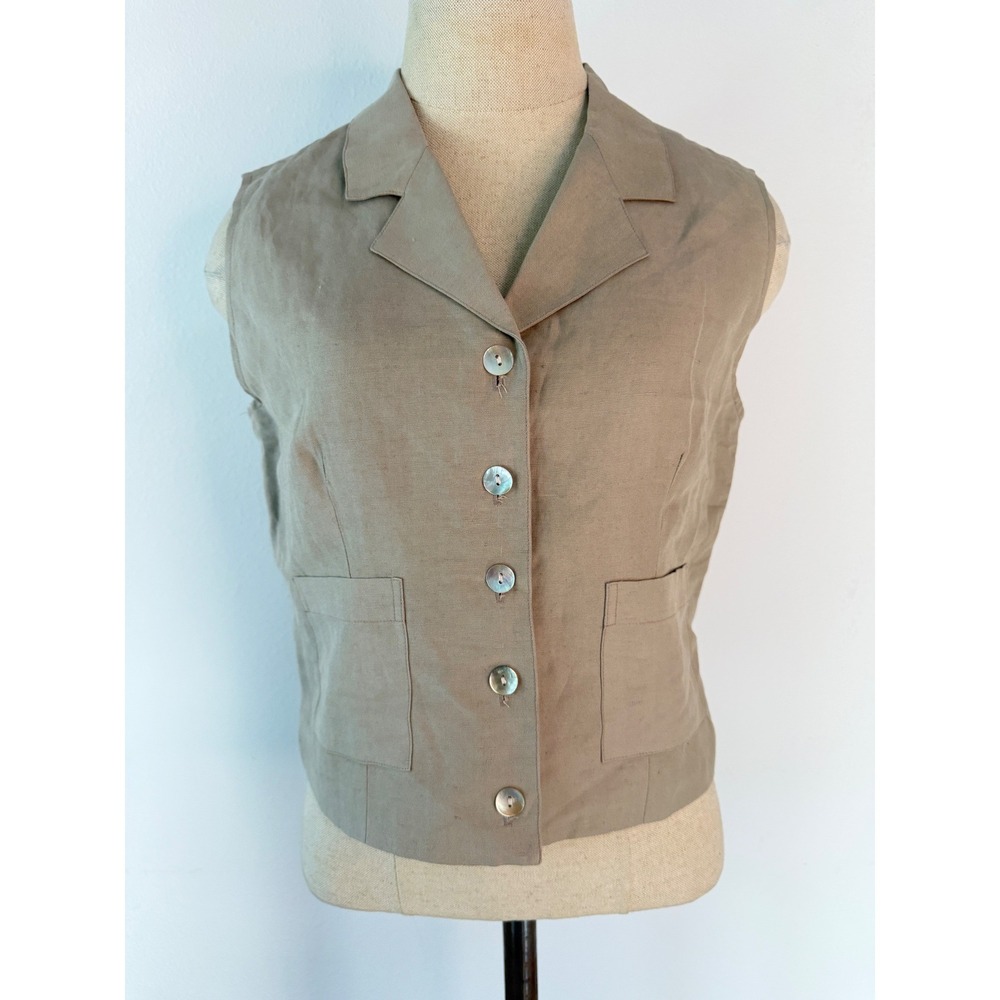 Vintage 90s Express‎ Silk Linen Vest Tailored Button Up Waistcoat Tan Khaki Prep